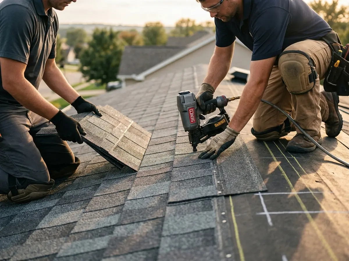 Professional roofer working on a residential roof in Pleasant Hill